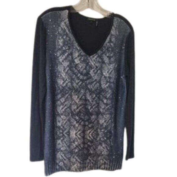 Tricotto Women's S V-neck grey/white/black sequin embellished knit sweater - Picture 2 of 8